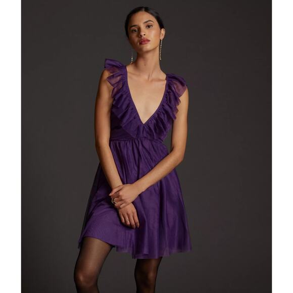 Anthropologie Maeve purple Ruffled Tulle Mini Dress - Picture 1 of 8